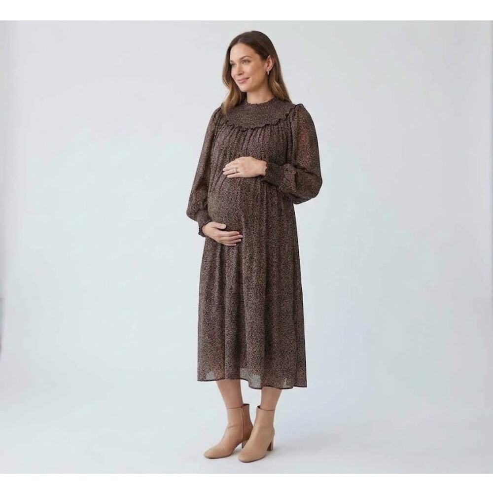 Hatch Athalie Cottagecore Prairie Dress Size 0 Brown Floral Smocked Midi NWT